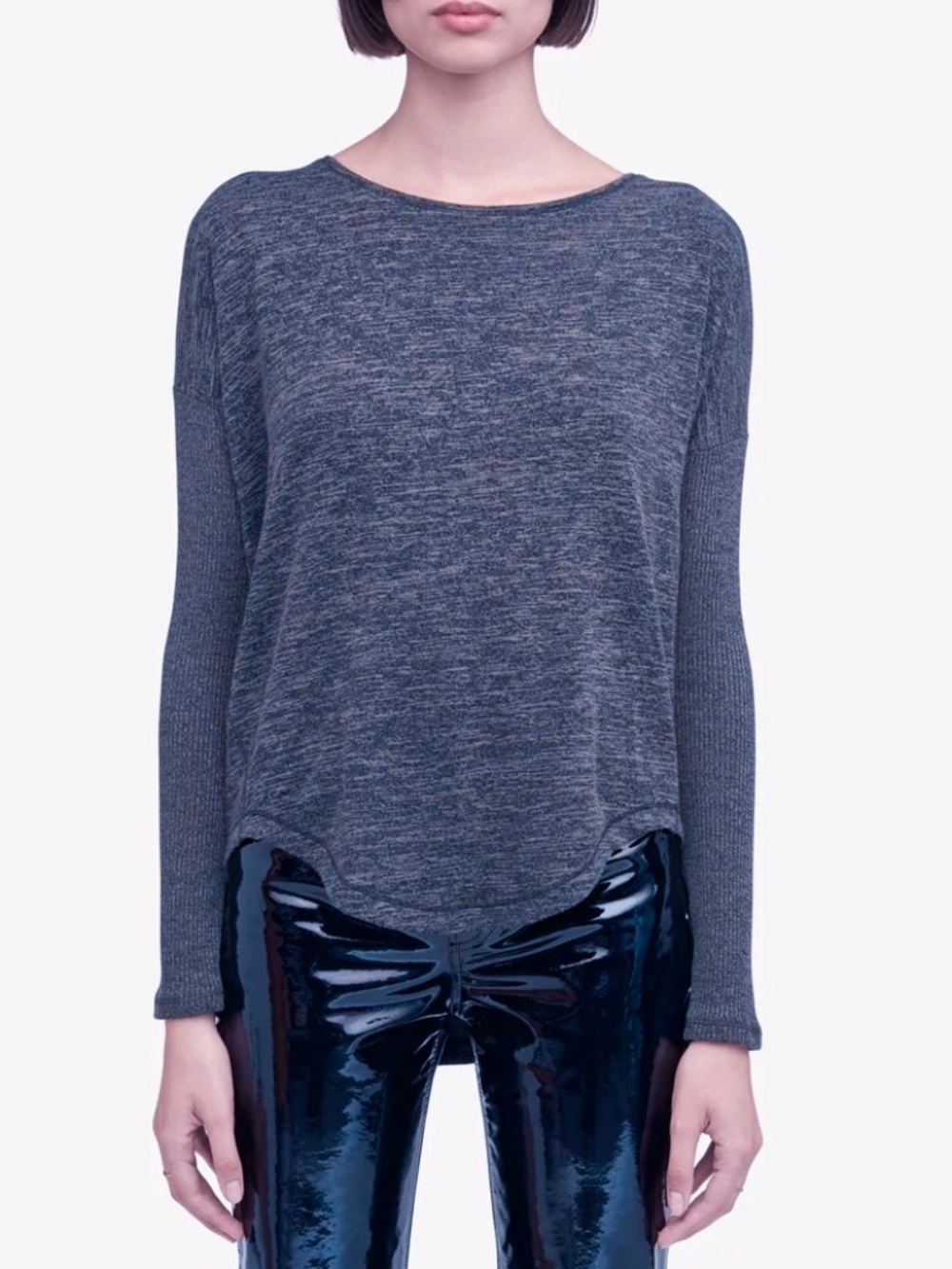 Rag & Bone Blue Amelie Long Sleeve Tee Ribbed Contrast Panels Dropped Shoulder
